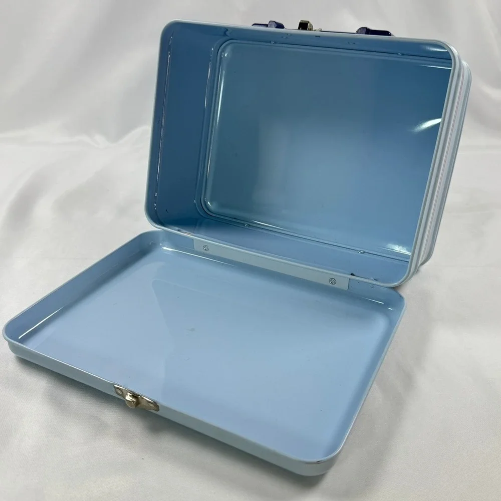 VTG 2002 Sanrio Hello Kitty Metal Lunch Box Tin French Cafe Blue Y2K Stationery